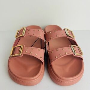 NWT Niki Slip On Sandals Women's 9 Tan Wide Strap Gold Buckle Studded Sandals